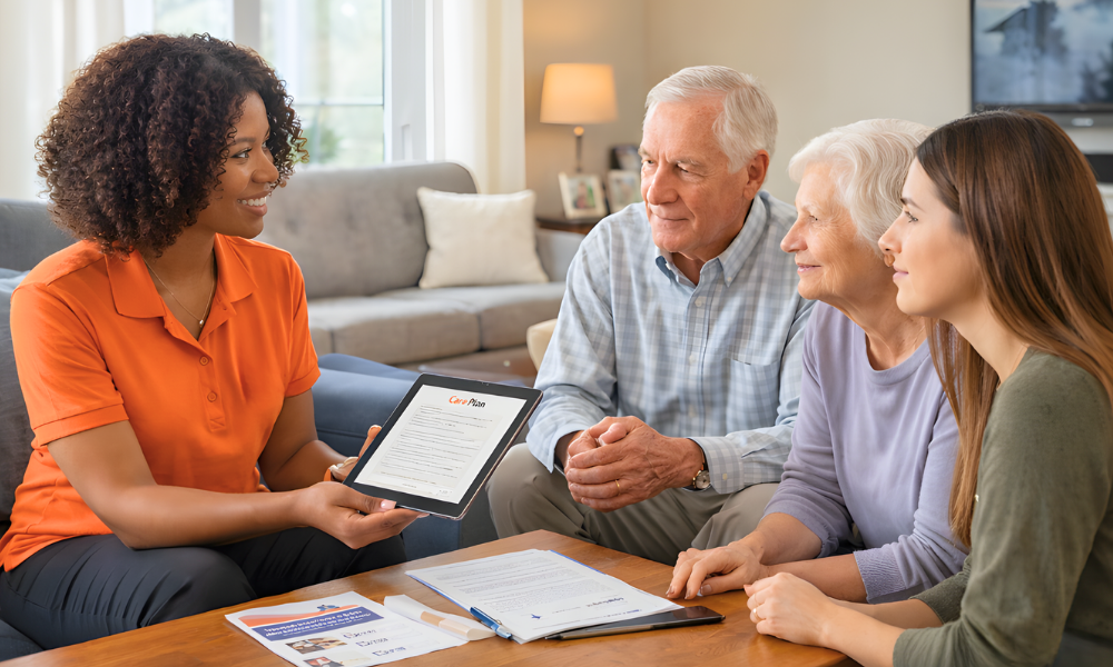 Tribute Home Care Caregiver in an orange polo reviewing a care plan with an older couple and family member at home