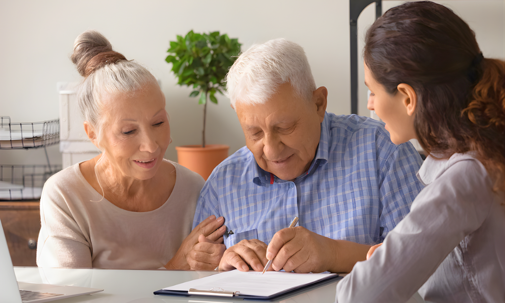 Family discussing legal and financial planning documents related to future home care needs